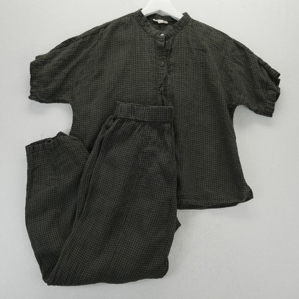 Eileen Fisher Organic Linen Gingham Check Set Top and Pants Dark Green XXS